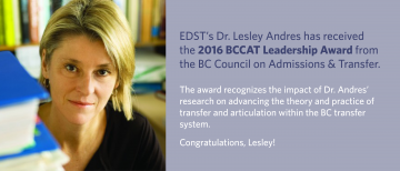 Lesley Andres receives 2016 BCCAT Leadership Award