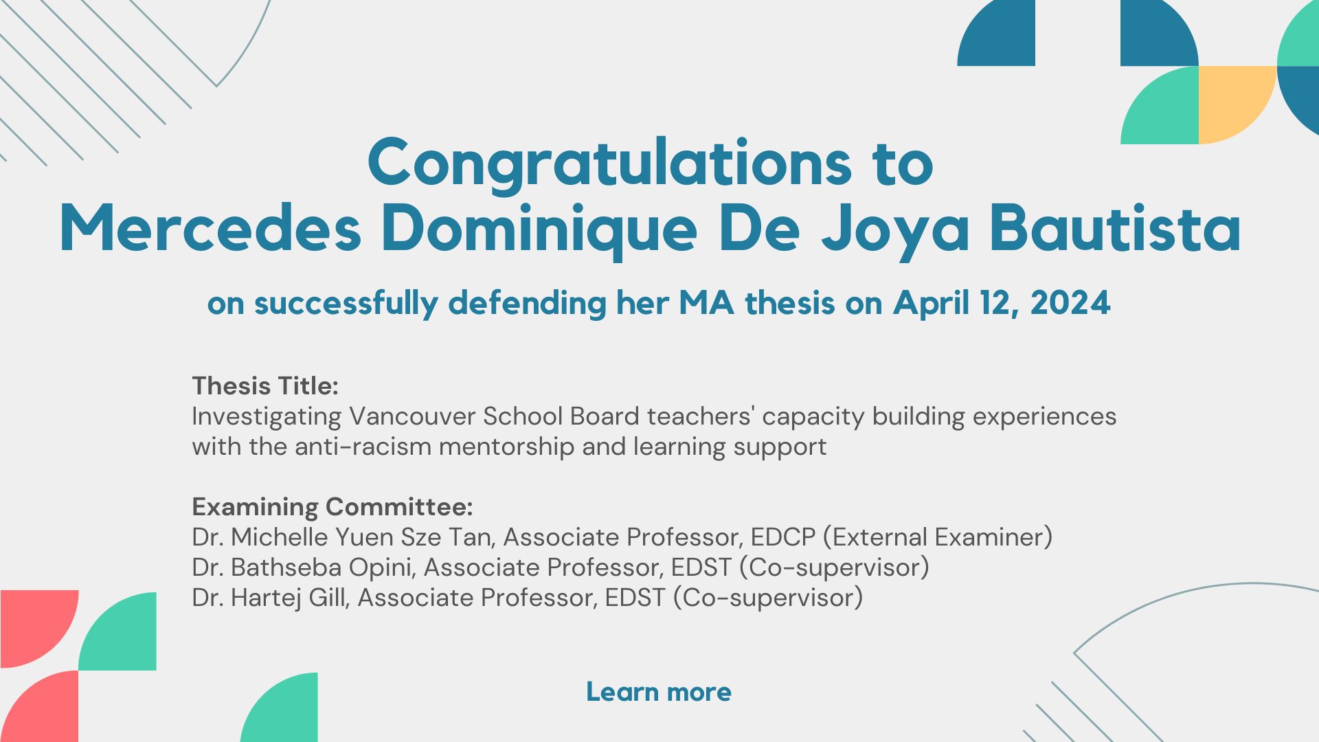 Congratulations to Dominique Bautista - Department of Educational Studies